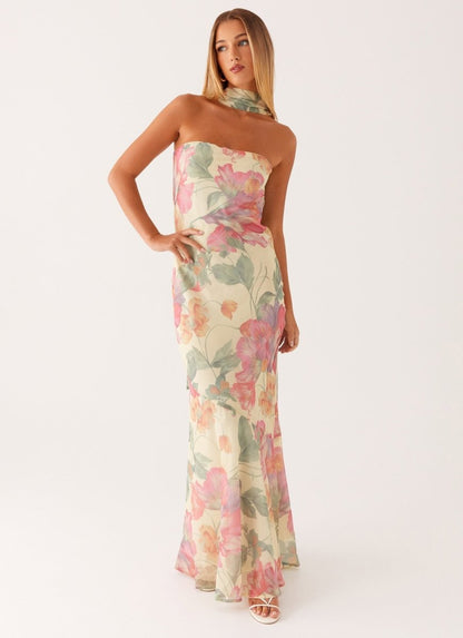Florales Maxi Kleid für Damen – Elegantes trägerloses Abendkleid mit Chiffon-Schal