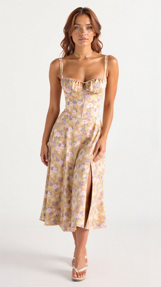 Noémie - Elegantes Frühlings-Balconette-Kleid für Frauen mit Taillierung, Schlitz und Blumenmuster