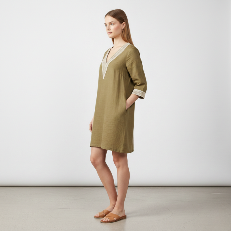 Luftiges V-Ausschnitt Leinenkleid mit Stickerei – Elegantes Sommerkleid für Damen