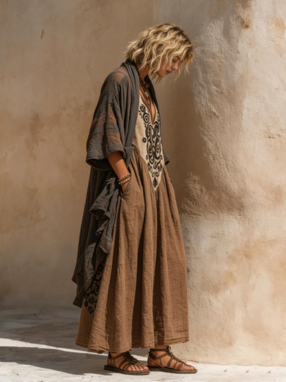 Boho Maxikleid mit Stickerei & V-Ausschnitt – Lockeres Ethno Kleid im Vintage Stil für Damen