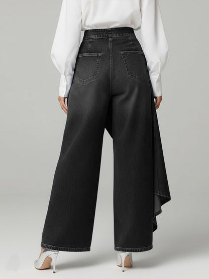 High Waist Denim Culotte Hose für Damen – Asymmetrische Jeans mit weitem Bein