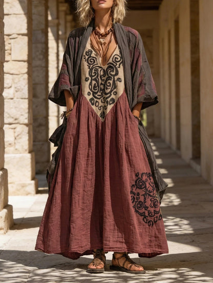Boho Maxikleid mit Stickerei & V-Ausschnitt – Lockeres Ethno Kleid im Vintage Stil für Damen