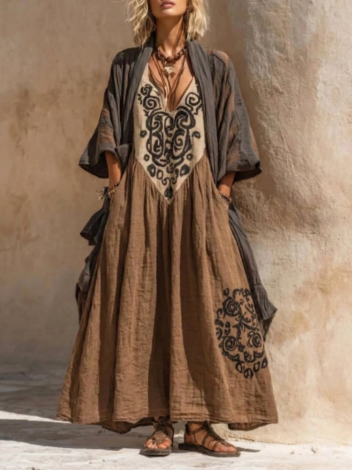 Boho Maxikleid mit Stickerei & V-Ausschnitt – Lockeres Ethno Kleid im Vintage Stil für Damen