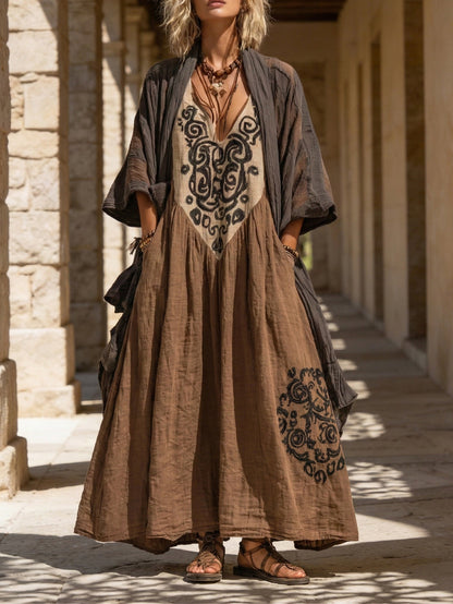 Boho Maxikleid mit Stickerei & V-Ausschnitt – Lockeres Ethno Kleid im Vintage Stil für Damen