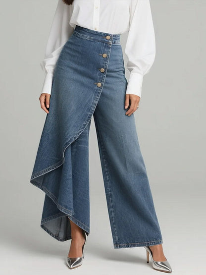 High Waist Denim Culotte Hose für Damen – Asymmetrische Jeans mit weitem Bein