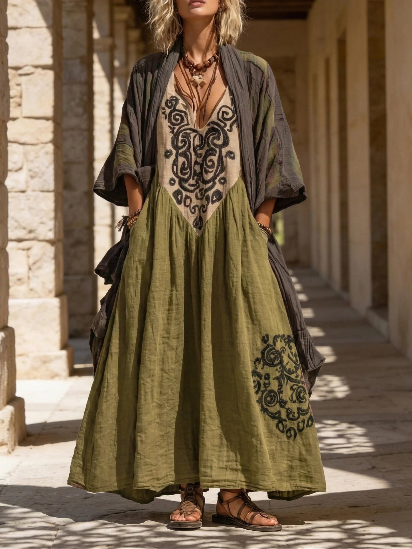 Boho Maxikleid mit Stickerei & V-Ausschnitt – Lockeres Ethno Kleid im Vintage Stil für Damen
