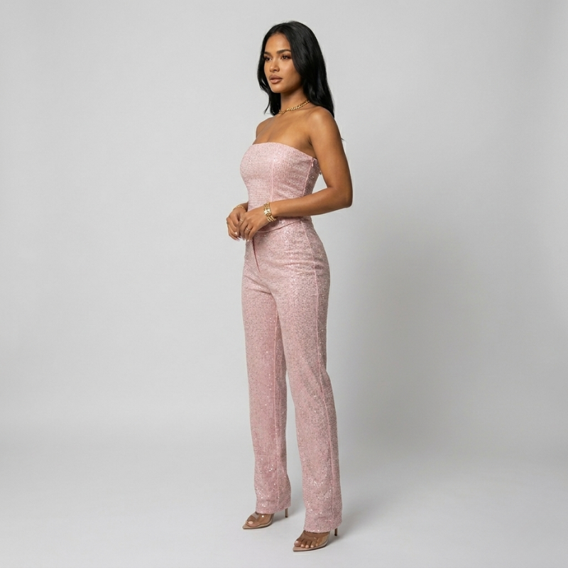 Glitzerndes Denim Zweiteiler Set mit Strass-Corsage & Jeans für Damen – Trendy Party-Look & Figurbetont