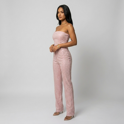 Glitzerndes Denim Zweiteiler Set mit Strass-Corsage & Jeans für Damen – Trendy Party-Look & Figurbetont