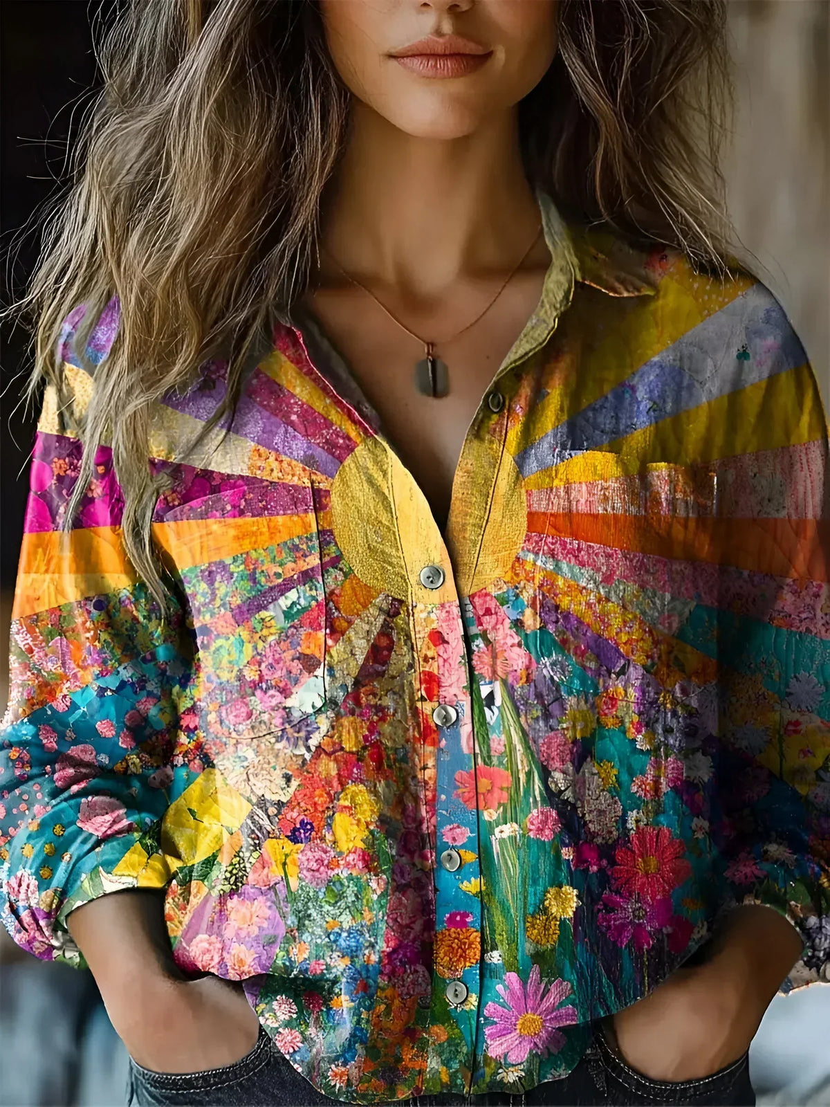 Bunte Bluse mit Blumenmuster und Printdesign für Damen Lockeres Hemd im Boho Stil