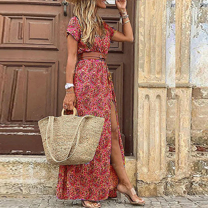 Séliviane - Maxikleid Boho-Luftig mit Seitenschlitz und Passendem Gürtel