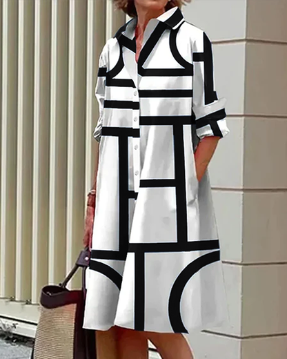 Modernes Hemdblusenkleid mit Grafik-Print – Lockerer Schnitt & Stilvoller Alltagslook für Damen