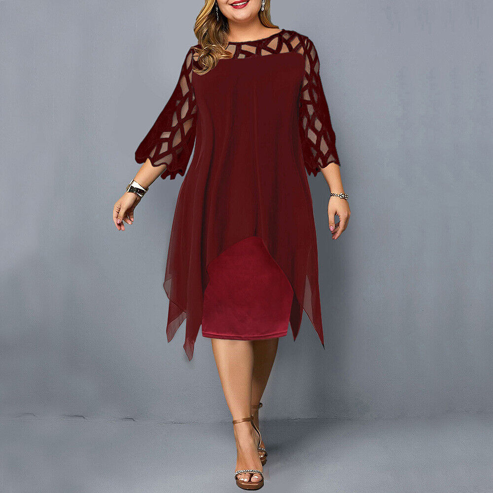 Elegantes Chiffon Midikleid für Damen – Lockeres Abendkleid mit Spitzenärmeln