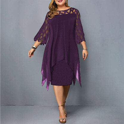 Elegantes Chiffon Midikleid für Damen – Lockeres Abendkleid mit Spitzenärmeln