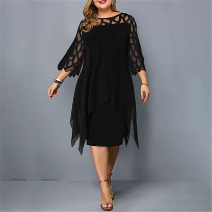 Elegantes Chiffon Midikleid für Damen – Lockeres Abendkleid mit Spitzenärmeln