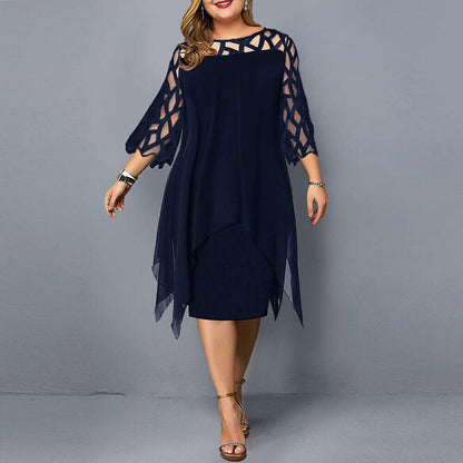 Elegantes Chiffon Midikleid für Damen – Lockeres Abendkleid mit Spitzenärmeln