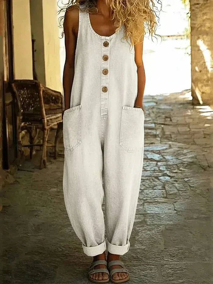 Lässiger Jeans Jumpsuit mit Knopfleiste für Damen – Oversize Overall mit Taschen & weitem Bein
