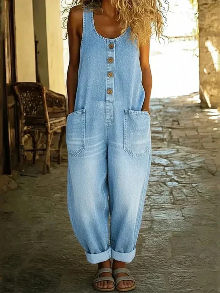 Lässiger Jeans Jumpsuit mit Knopfleiste für Damen – Oversize Overall mit Taschen & weitem Bein