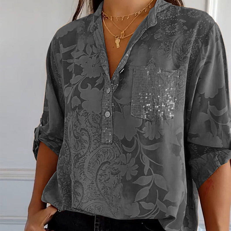 Elegante Bluse mit floralem Muster für Damen – Lockeres Langarmshirt mit Pailletten-Tasche