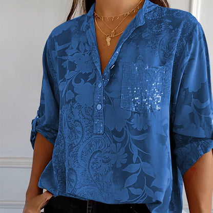 Elegante Bluse mit floralem Muster für Damen – Lockeres Langarmshirt mit Pailletten-Tasche