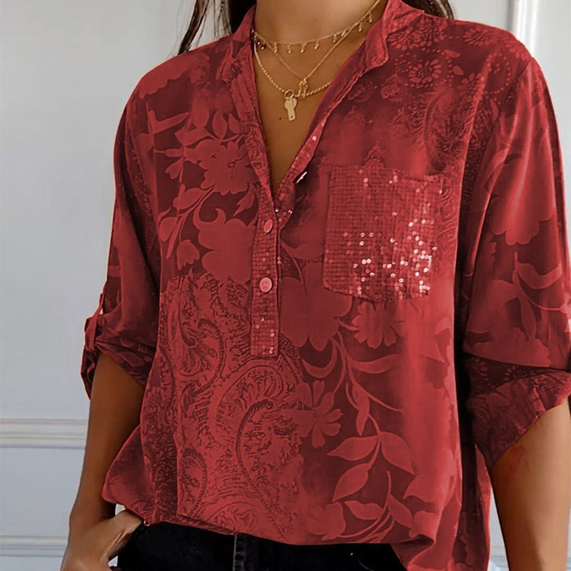 Elegante Bluse mit floralem Muster für Damen – Lockeres Langarmshirt mit Pailletten-Tasche