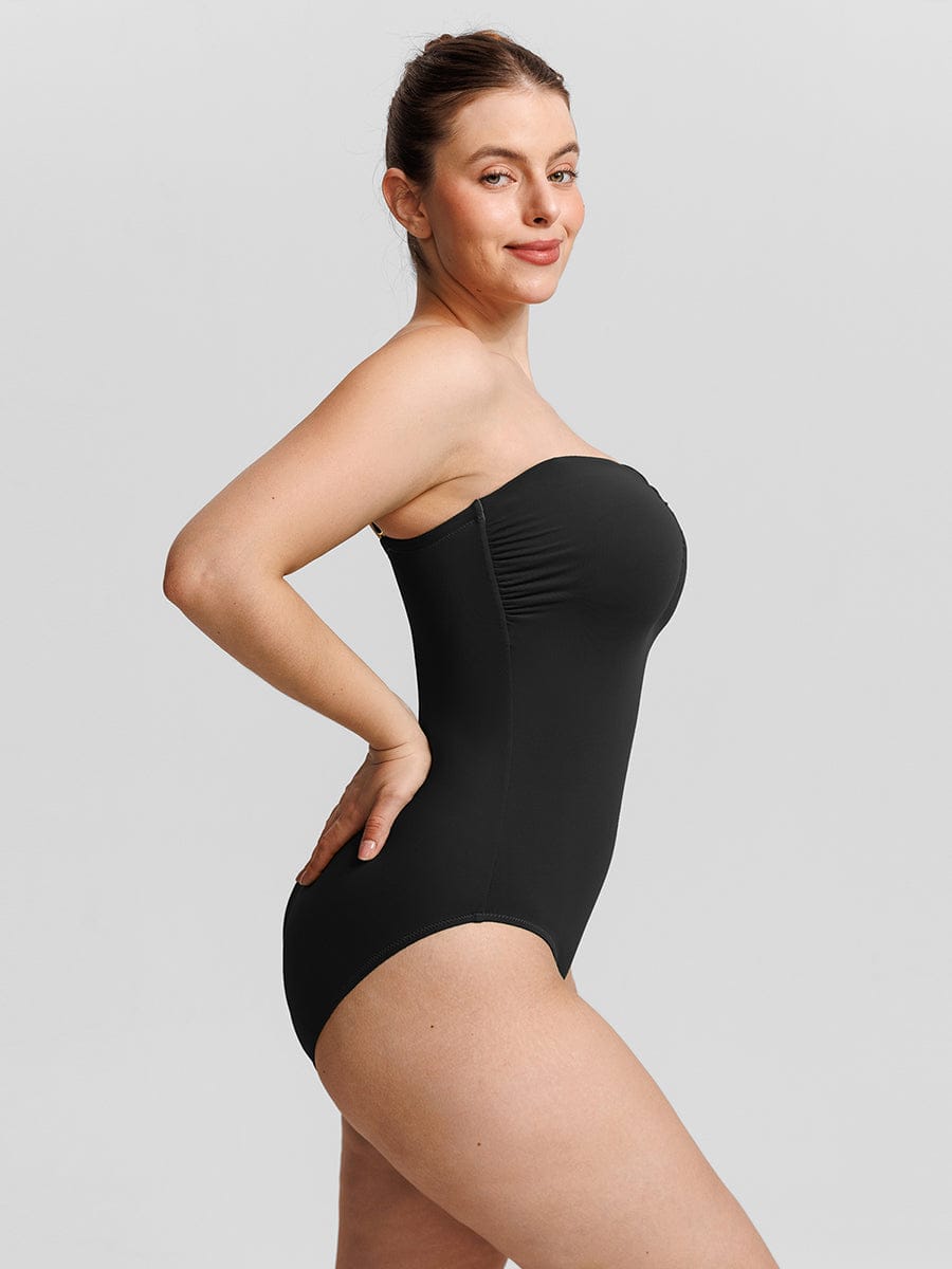 Figurformender Bandeau Badeanzug mit V-Ausschnitt & Trägern – Eleganter Shaping Swimsuit für Damen
