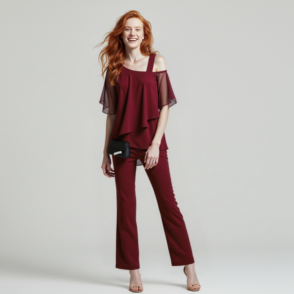 Elegantes Hosenanzug Set mit Chiffon-Look für Damen – Zweiteilig & Stilvoll