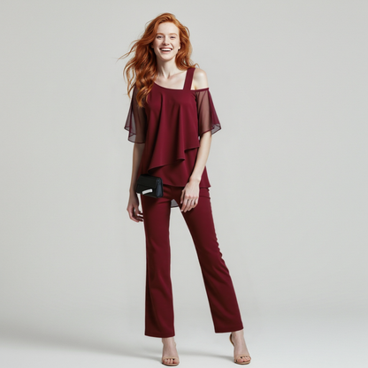 Elegantes Hosenanzug Set mit Chiffon-Look für Damen – Zweiteilig & Stilvoll