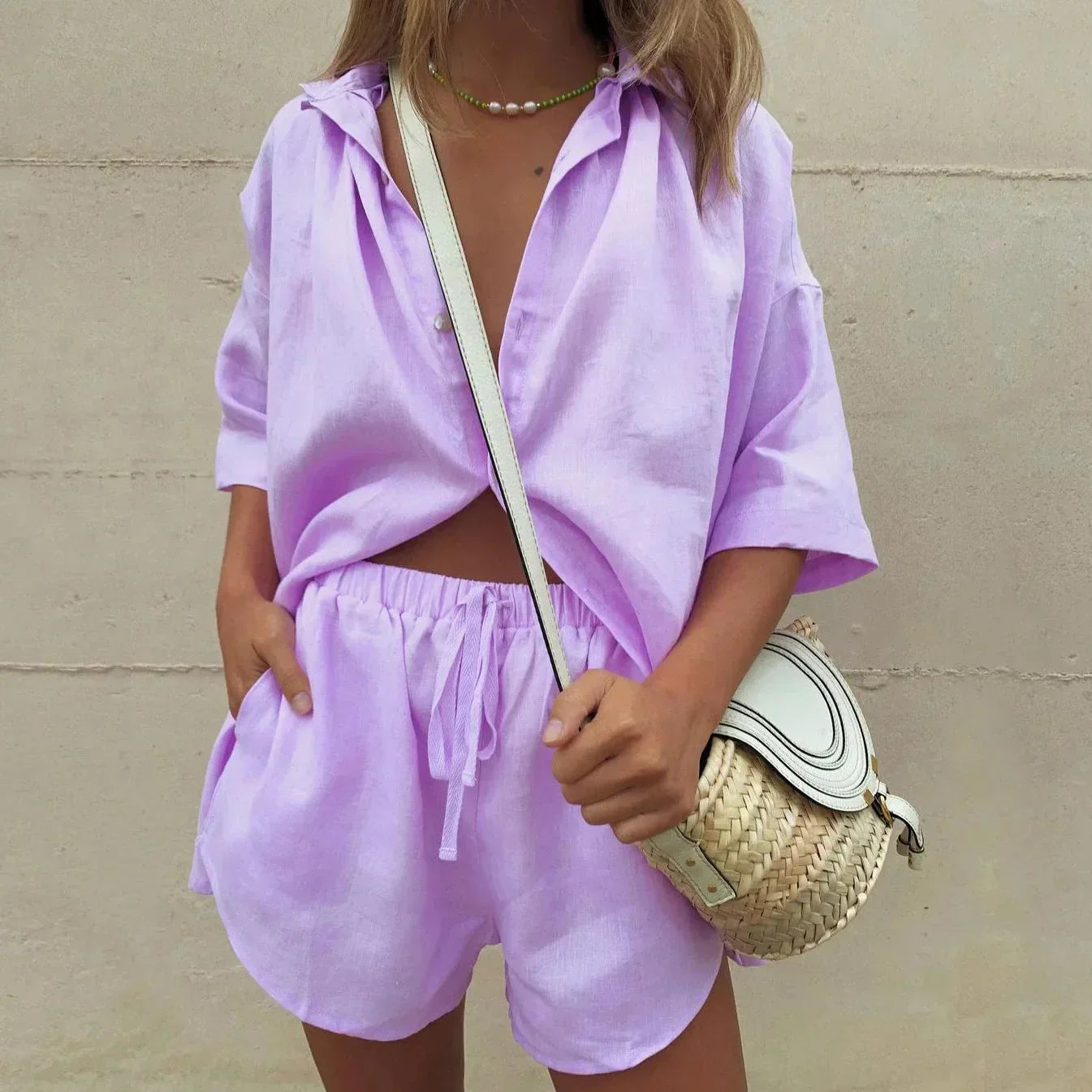 Lässiges Zweiteiler-Set für Damen – Oversize Hemdbluse & Shorts mit Kordelzug